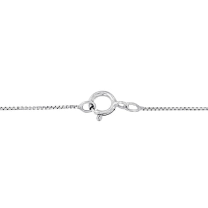 Close-up of a white metal necklace clasp viewed from the side, showing the fastening mechanism and part of the chain.