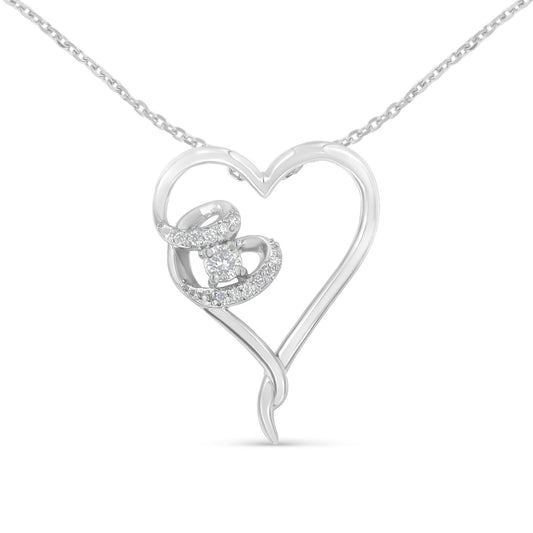 Front view of a white metal heart-shaped necklace pendant with a swirl design on one side featuring a total of white round gemstones in prong settings.