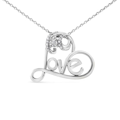 Front view of a white metal necklace pendant shaped as a stylized word 'Love' with round white gemstones set in a prong setting on the letter 'L'.