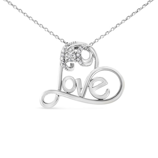 Front view of a white metal necklace pendant shaped as a stylized word 'Love' with round white gemstones set in a prong setting on the letter 'L'.