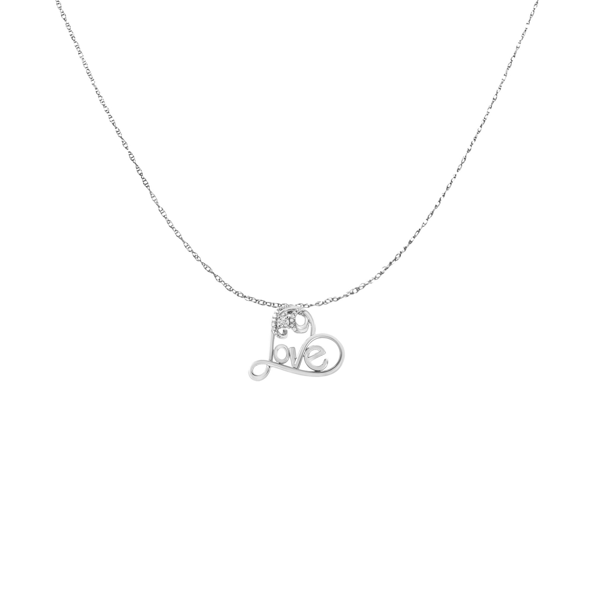 Front view of a white necklace with a pendant spelling 'love' in cursive, accented with small white gemstones.