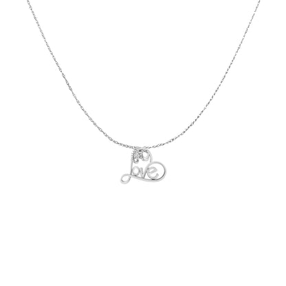 Front view of a white necklace with a pendant spelling 'love' in cursive, accented with small white gemstones.