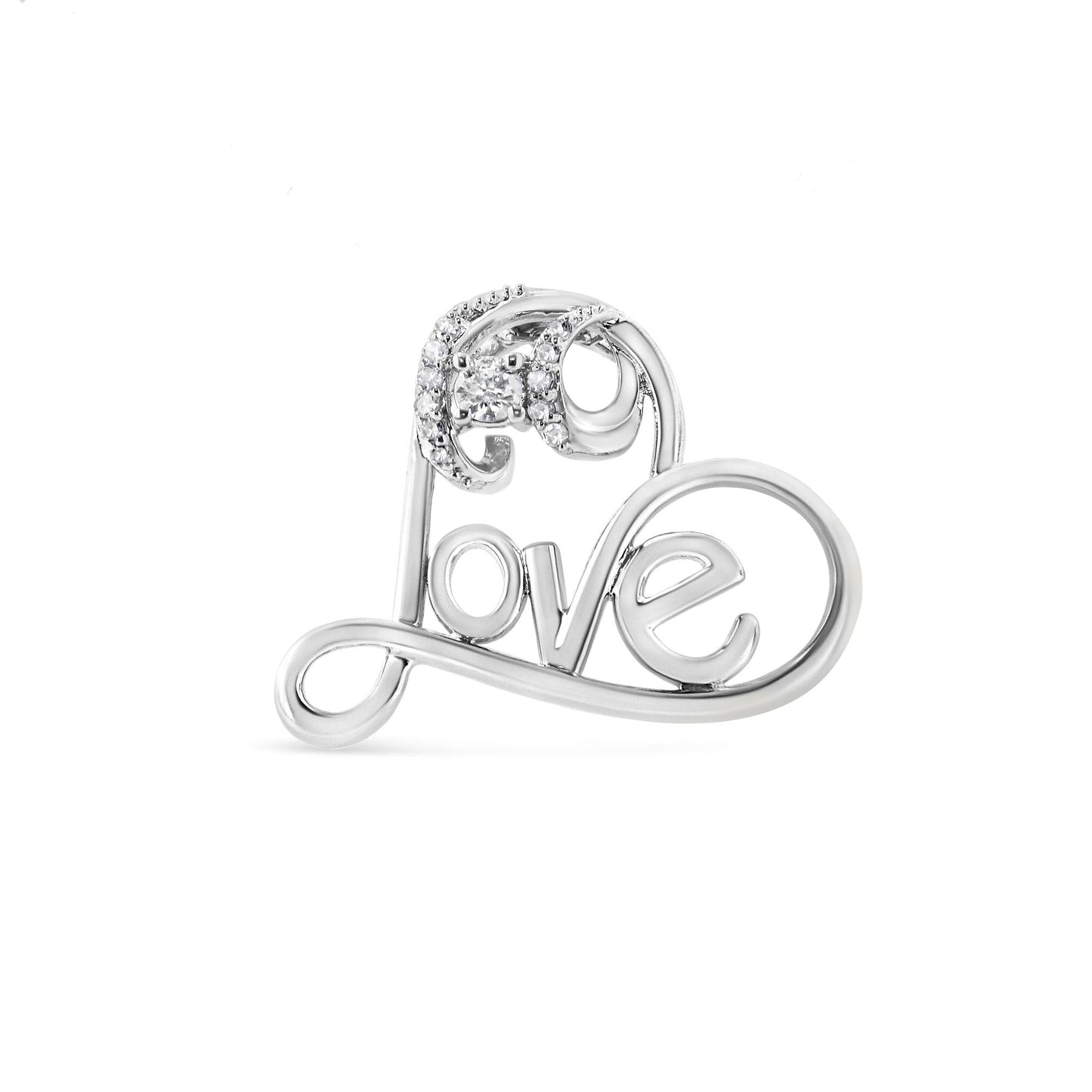 White metal necklace pendant shaped as a heart with the word 'love' inside, adorned with round white gemstones, front angle.