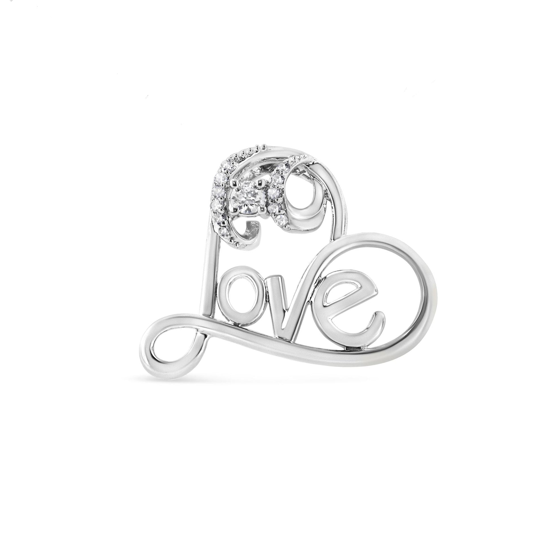 White metal necklace pendant shaped as a heart with the word 'love' inside, adorned with round white gemstones, front angle.