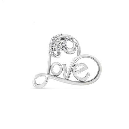 White metal necklace pendant shaped as a heart with the word 'love' inside, adorned with round white gemstones, front angle.