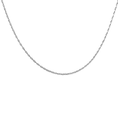 Close-up front view of a delicate yellow metal necklace chain with a single round white gemstone in a prong setting.