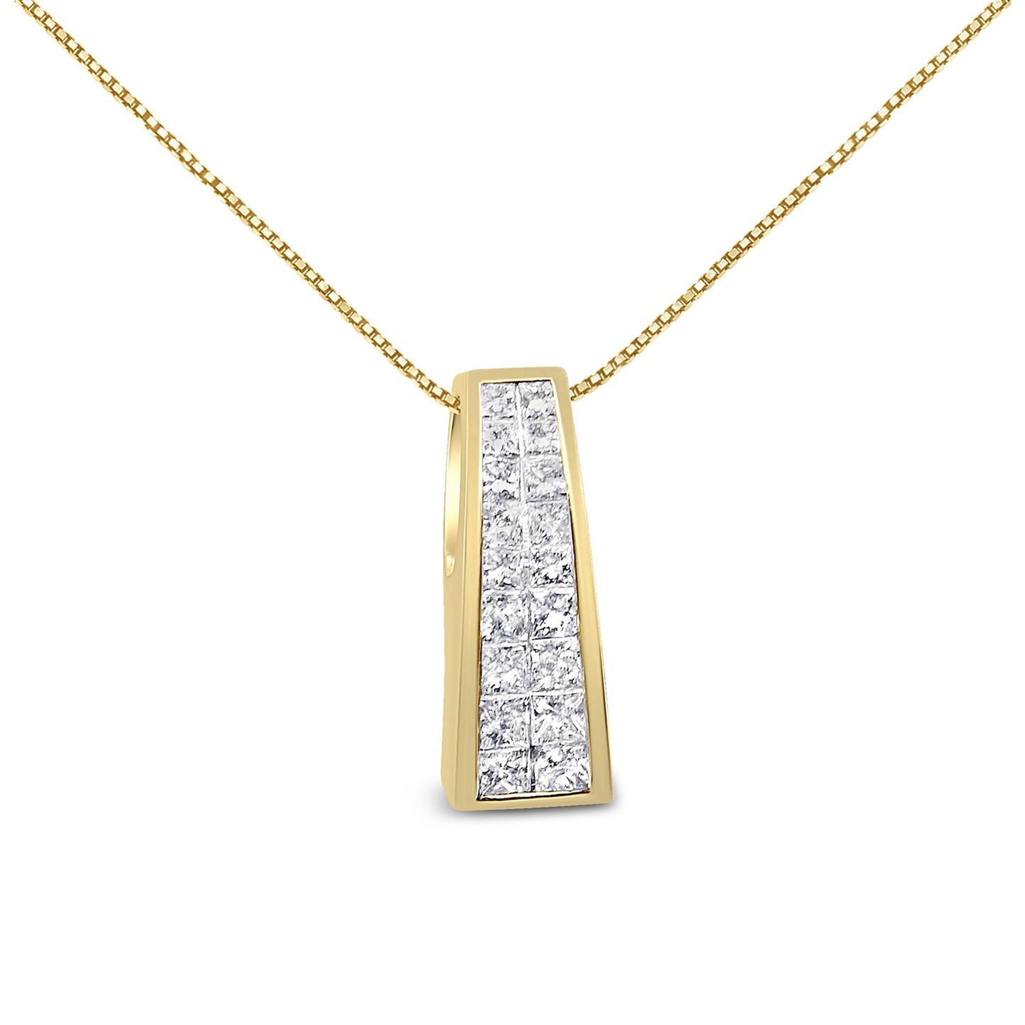Front-facing shot of a trapezoid-shaped yellow metal necklace pendant featuring a cluster of white princess-shaped gemstones in an invisible setting.