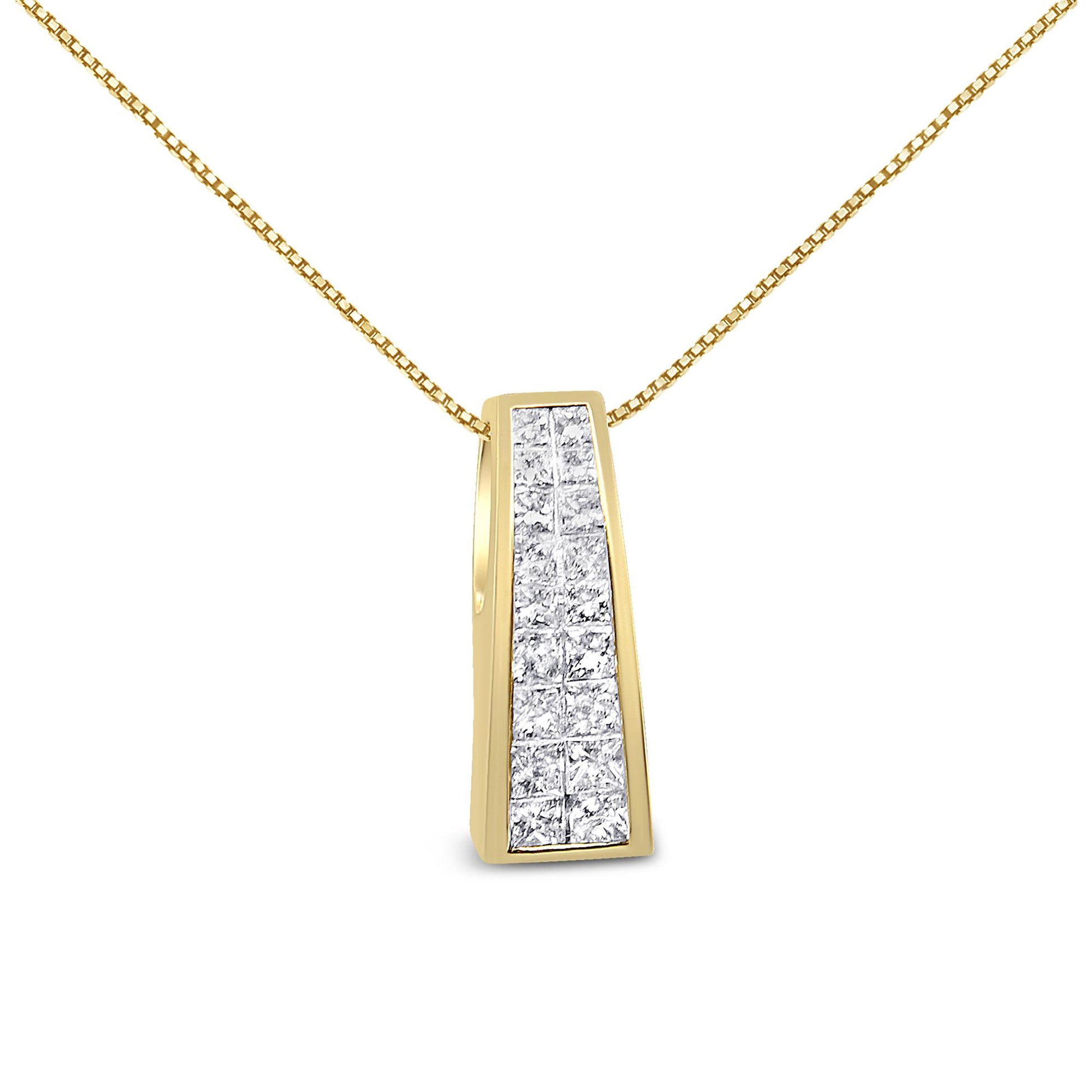 Front-facing shot of a trapezoid-shaped yellow metal necklace pendant featuring a cluster of white princess-shaped gemstones in an invisible setting.