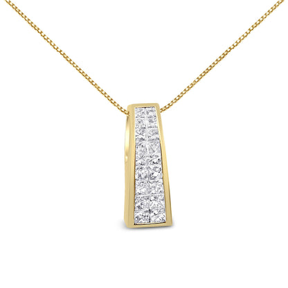 Front-facing shot of a trapezoid-shaped yellow metal necklace pendant featuring a cluster of white princess-shaped gemstones in an invisible setting.