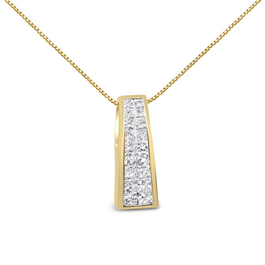 Front-facing shot of a trapezoid-shaped yellow metal necklace pendant featuring a cluster of white princess-shaped gemstones in an invisible setting.