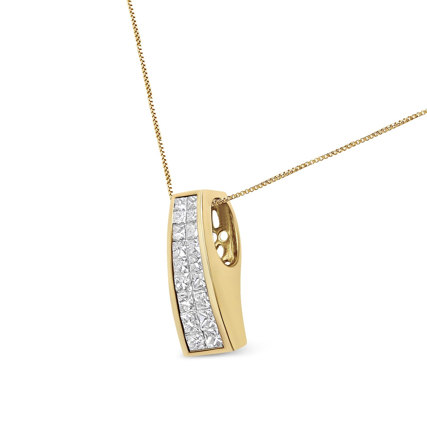 Yellow metal necklace with a curved rectangular pendant featuring two vertical rows of princess-shaped white gemstones in an invisible setting, shown at a slight angle.
