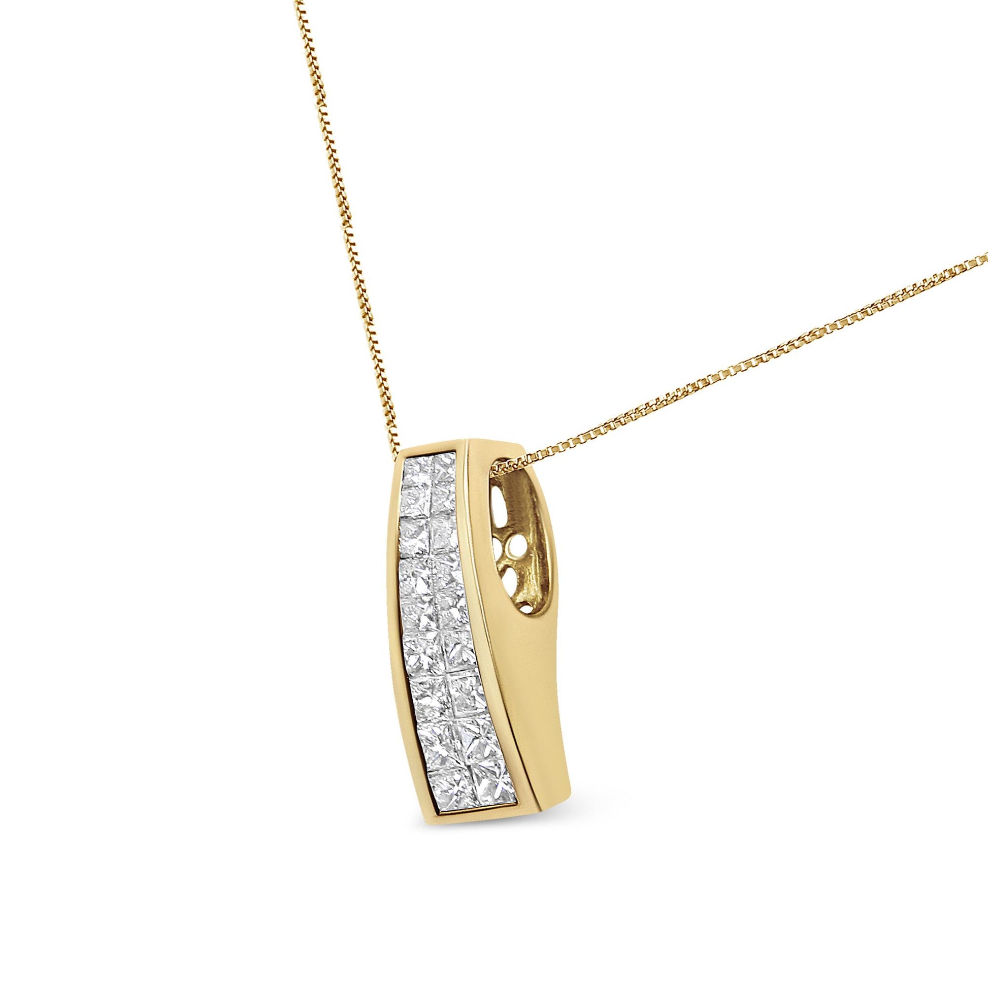 Yellow metal necklace with a curved rectangular pendant featuring two vertical rows of princess-shaped white gemstones in an invisible setting, shown at a slight angle.