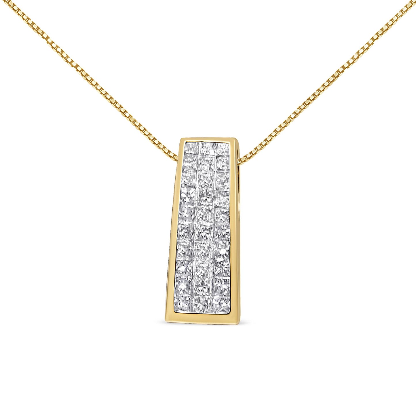 Front view of a yellow necklace with a rectangular pendant featuring multiple white princess-cut gemstones in an invisible setting.