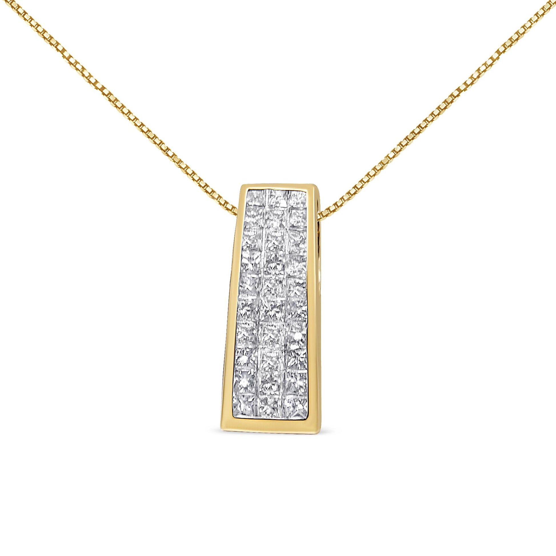 Front view of a yellow necklace with a rectangular pendant featuring multiple white princess-cut gemstones in an invisible setting.