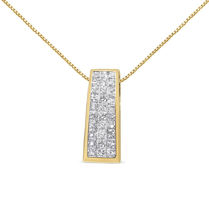 Front view of a yellow necklace with a rectangular pendant featuring multiple white princess-cut gemstones in an invisible setting.