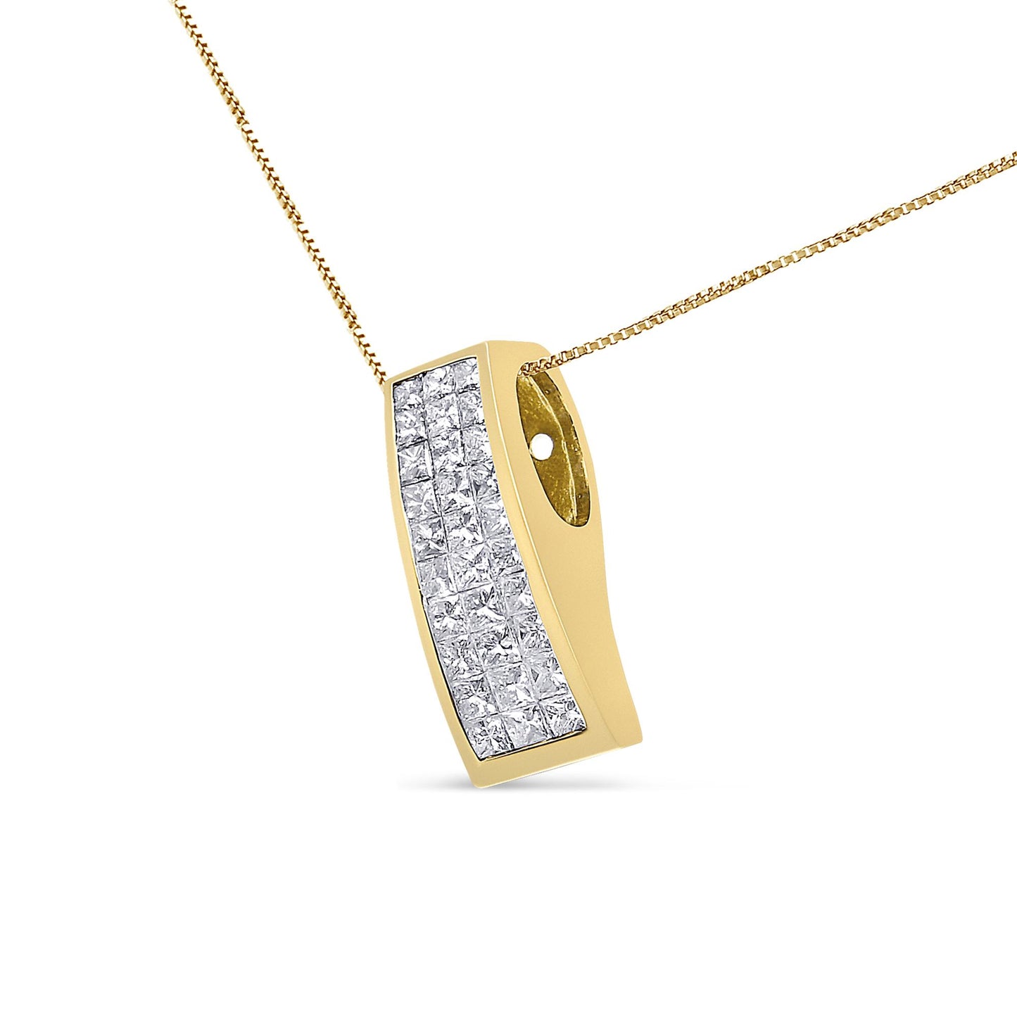 Yellow metal necklace with a curved rectangular pendant set with multiple white princess-shaped gemstones in an invisible setting, shown in a front angle close-up.