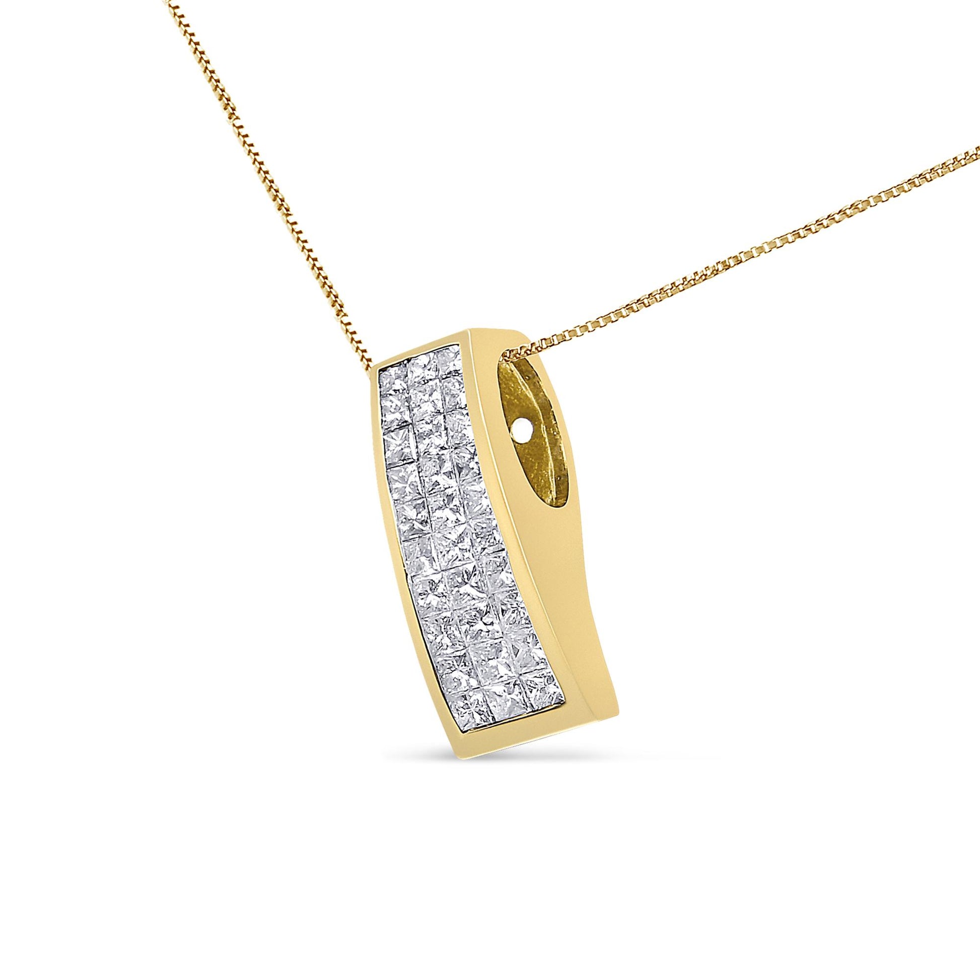 Yellow metal necklace with a curved rectangular pendant set with multiple white princess-shaped gemstones in an invisible setting, shown in a front angle close-up.