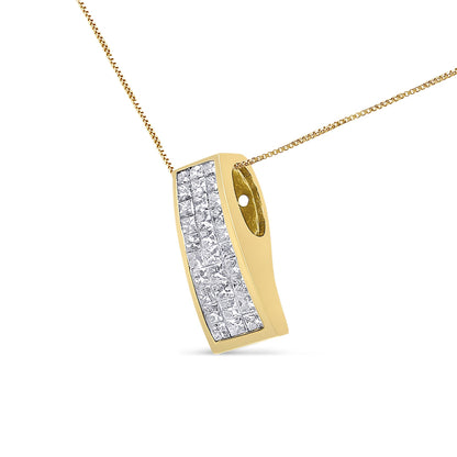 Yellow metal necklace with a curved rectangular pendant set with multiple white princess-shaped gemstones in an invisible setting, shown in a front angle close-up.
