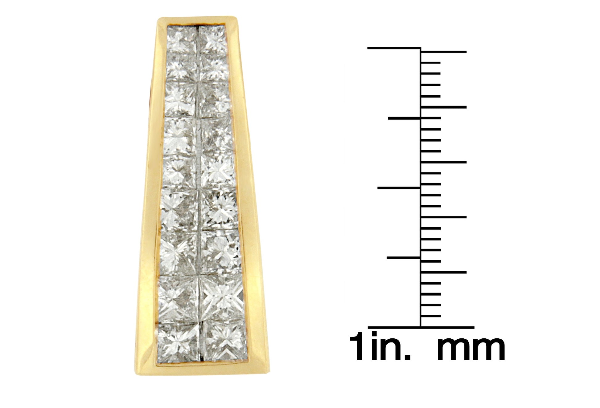 Close-up front view of a yellow necklace pendant with an invisible setting of white princess-shaped gemstones, shown next to a ruler for size reference.