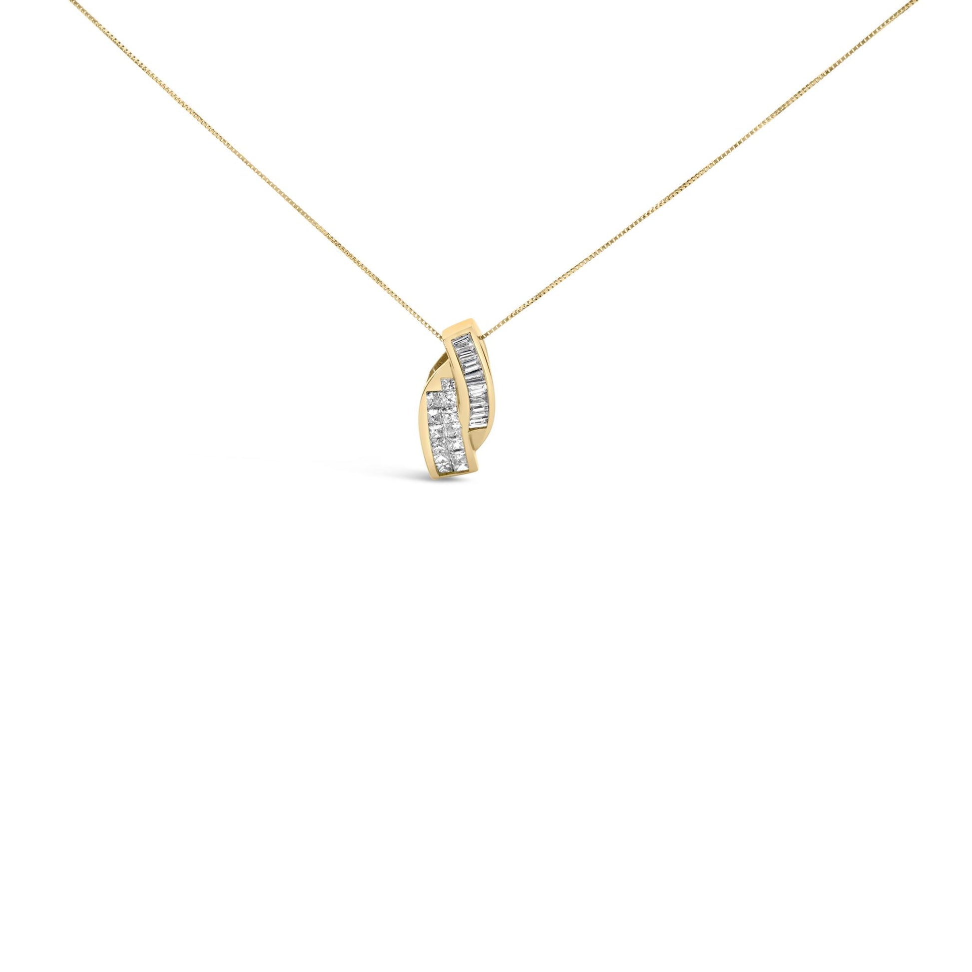 Front-facing angle of a yellow necklace with a pendant featuring white baguette-shaped gemstones in a channel setting and white princess-shaped gemstones in an invisible setting.