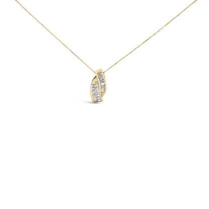 Front-facing angle of a yellow necklace with a pendant featuring white baguette-shaped gemstones in a channel setting and white princess-shaped gemstones in an invisible setting.