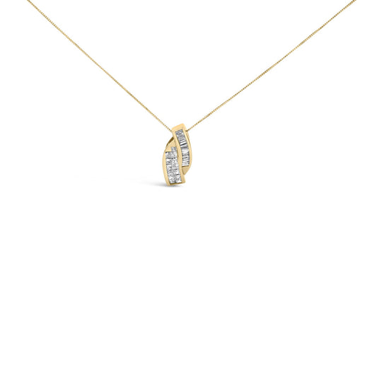 Front-facing angle of a yellow necklace with a pendant featuring white baguette-shaped gemstones in a channel setting and white princess-shaped gemstones in an invisible setting.