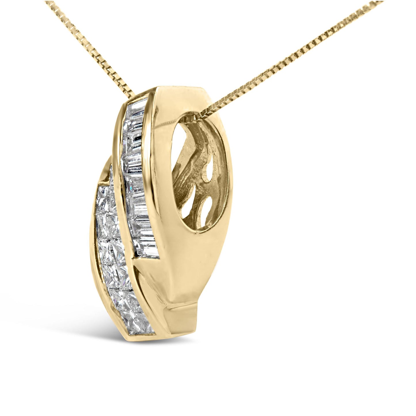 Close-up front angled view of a yellow necklace pendant featuring two rows of white gemstones; one row with baguette shape in channel setting and the other with princess shape in invisible setting.