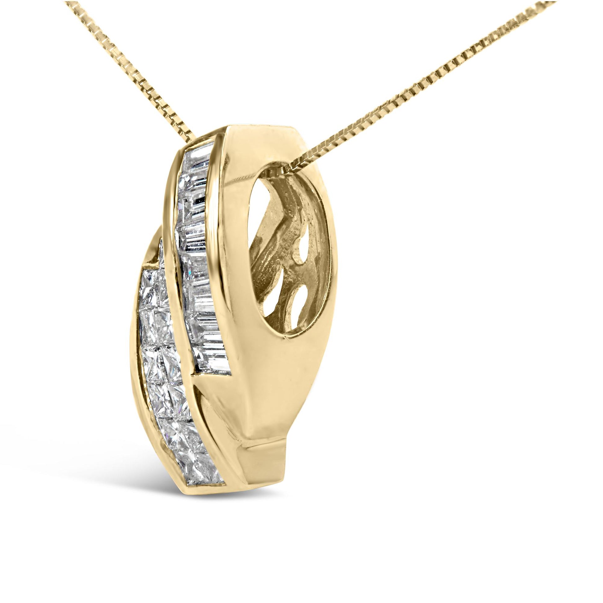 Close-up front angled view of a yellow necklace pendant featuring two rows of white gemstones; one row with baguette shape in channel setting and the other with princess shape in invisible setting.