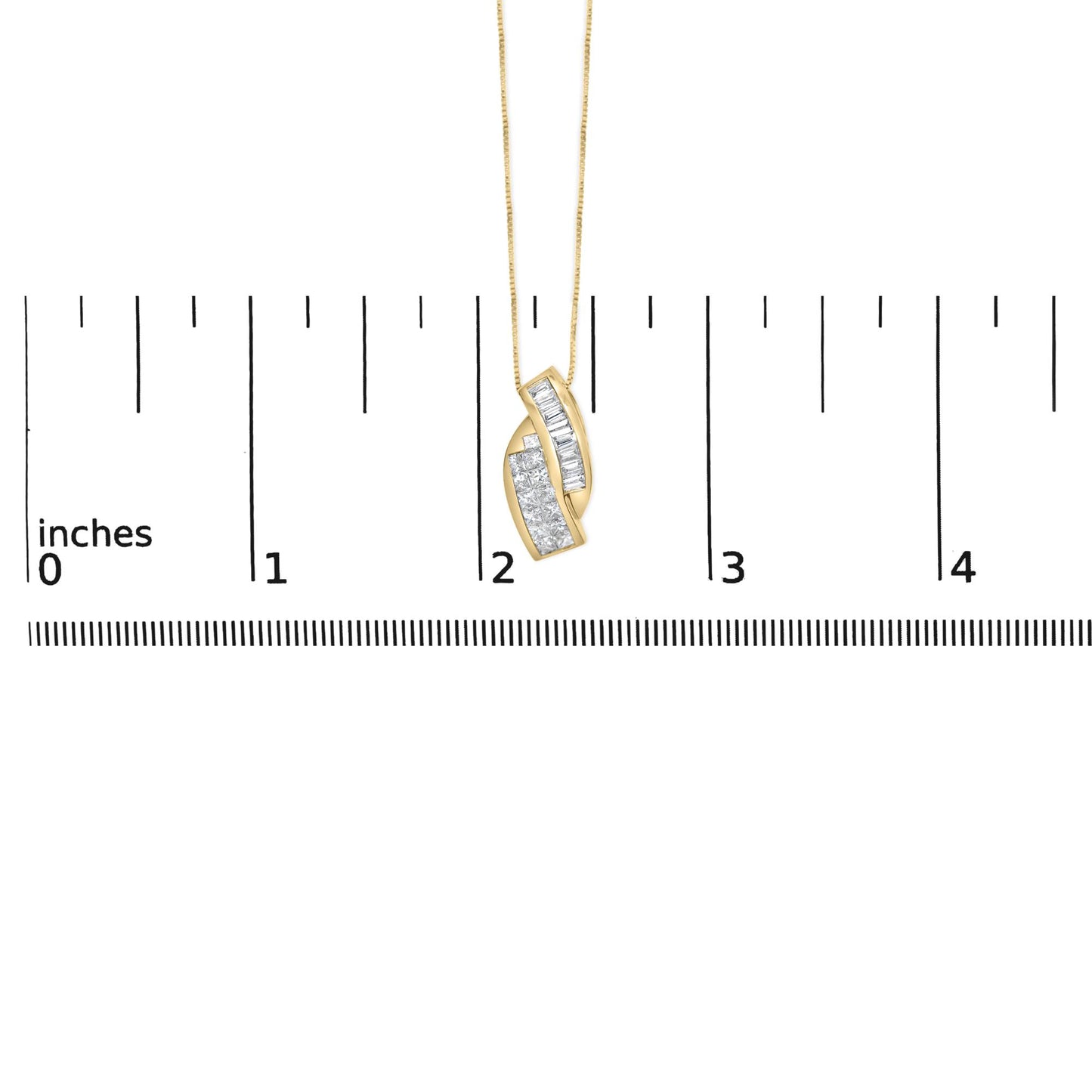 Yellow metal necklace with a curved pendant featuring channel-set baguette white gemstones and invisibly set princess white gemstones, shown hanging against a ruler for scale, front angle.