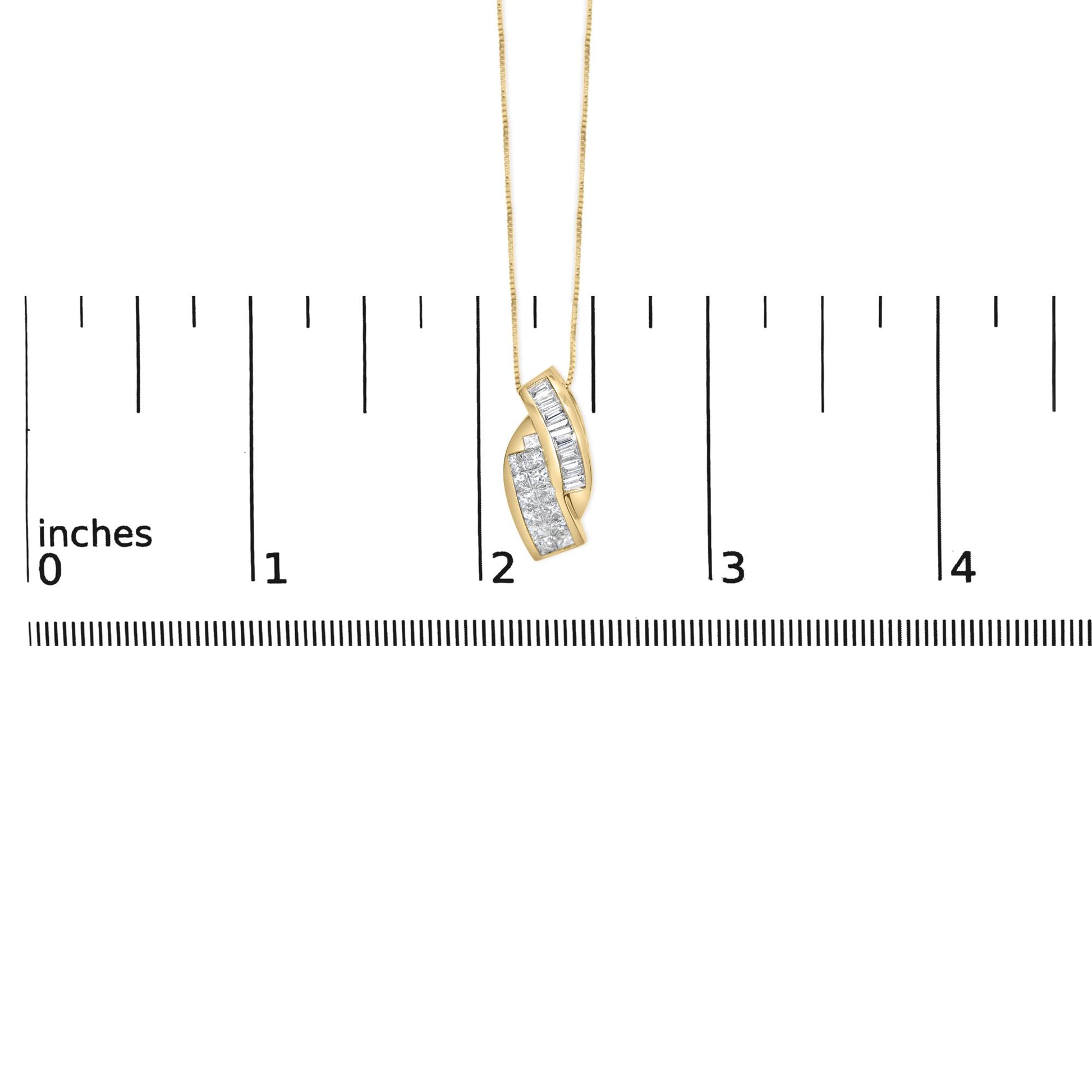 Yellow metal necklace with a curved pendant featuring channel-set baguette white gemstones and invisibly set princess white gemstones, shown hanging against a ruler for scale, front angle.