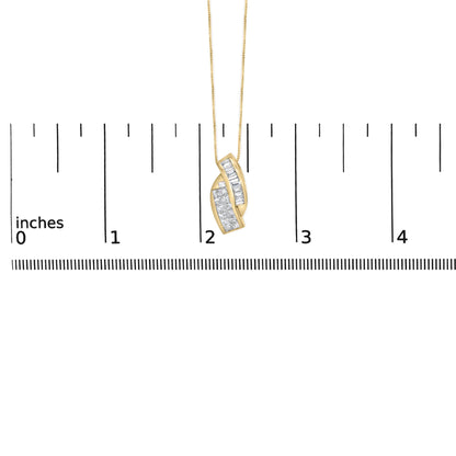 Yellow metal necklace with a curved pendant featuring channel-set baguette white gemstones and invisibly set princess white gemstones, shown hanging against a ruler for scale, front angle.