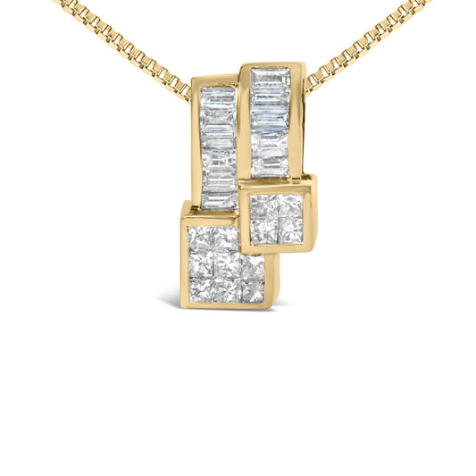 Yellow metal necklace with a pendant featuring two vertical bars set with white baguette shape gemstones in channel setting and two overlapping square sections set with white princess shape gemstones in invisible setting, shown in a front close-up view.