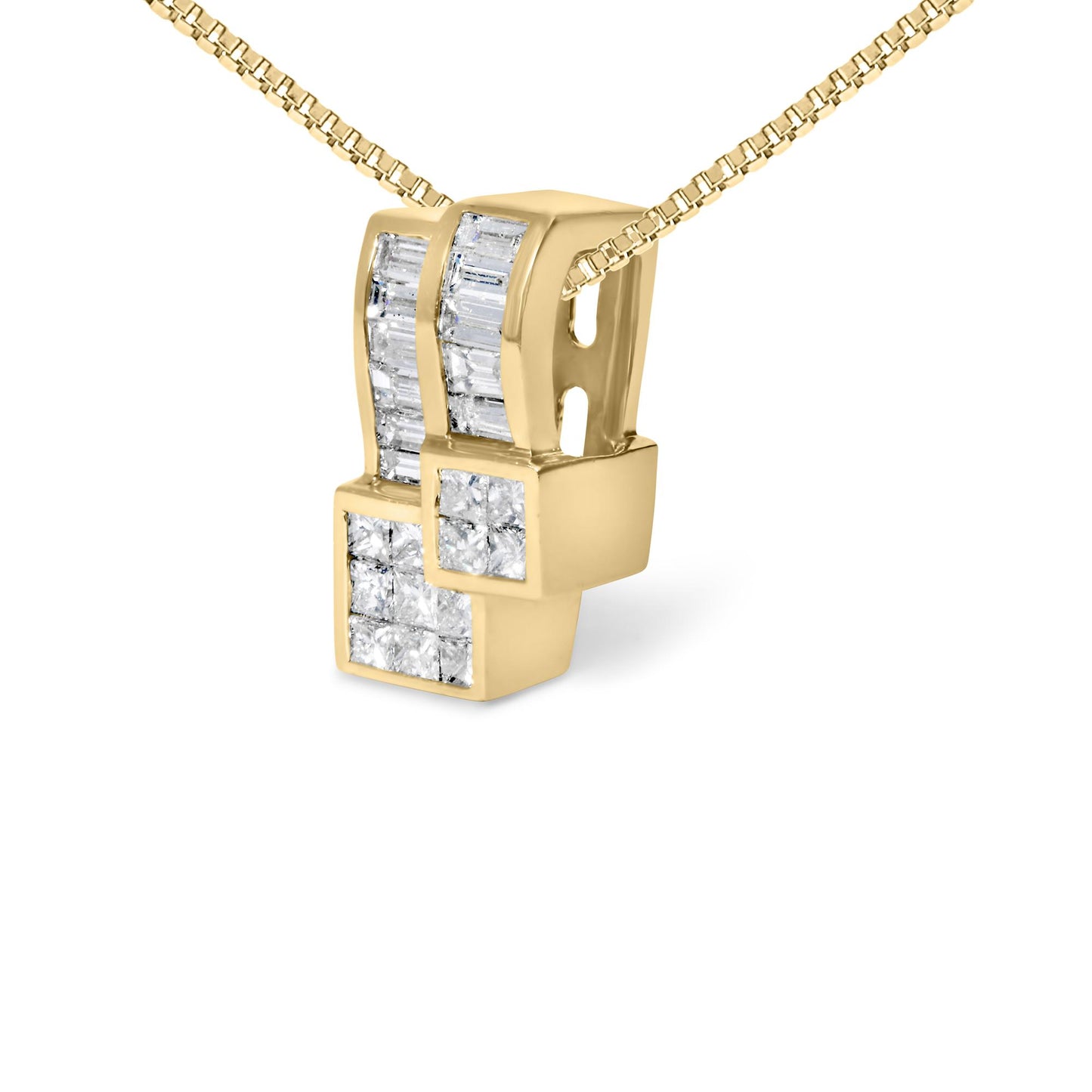 Close-up front angled view of a yellow metal necklace pendant featuring vertical rows of white baguette-shaped gemstones in channel setting and square sections of white princess-shaped gemstones in invisible setting.