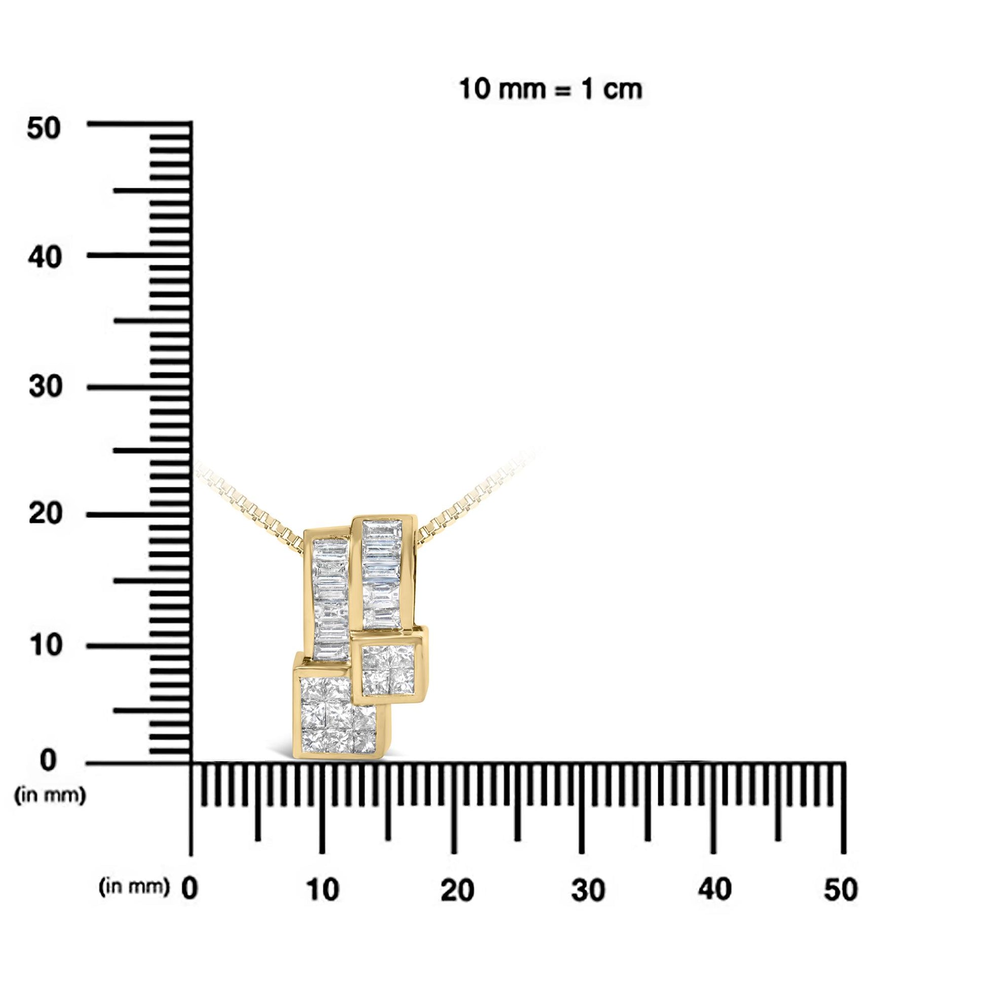 Front angled view of a yellow necklace pendant with vertical rows of baguette-shaped white gemstones in channel settings and overlapping squares of princess-shaped white gemstones in invisible settings, shown on a ruler for size reference.
