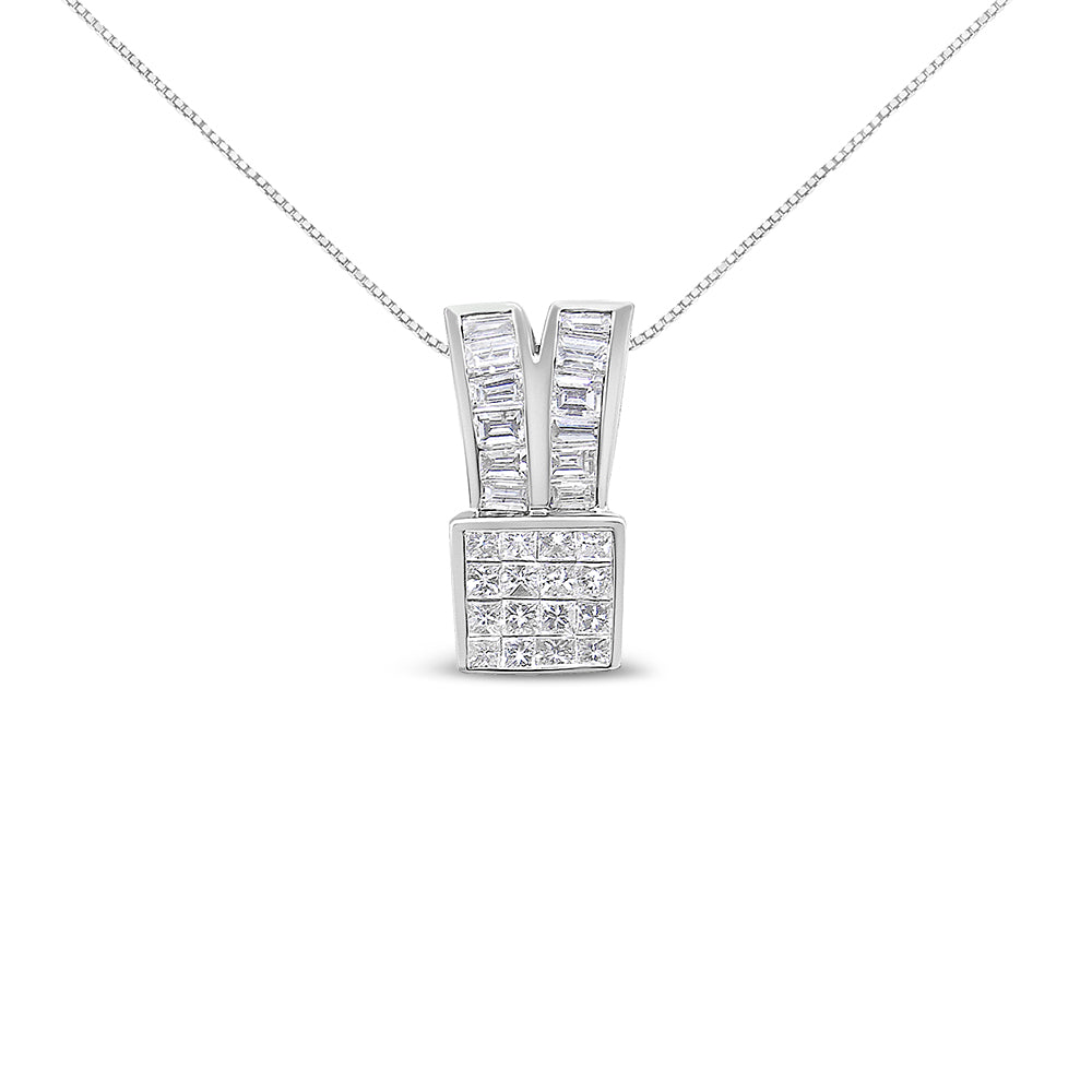 Front angle view of a white metal necklace with a pendant featuring channel-set baguette-shaped white gemstones and a square section with invisibly set princess-shaped white gemstones.