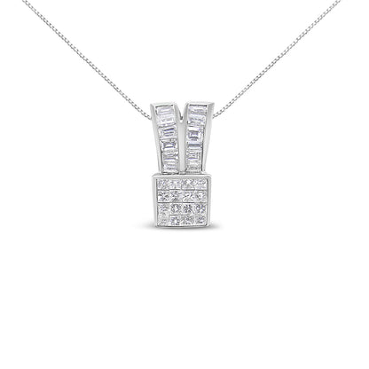 Front angle view of a white metal necklace with a pendant featuring channel-set baguette-shaped white gemstones and a square section with invisibly set princess-shaped white gemstones.