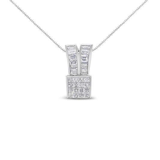 Front angle view of a white metal necklace with a pendant featuring channel-set baguette-shaped white gemstones and a square section with invisibly set princess-shaped white gemstones.