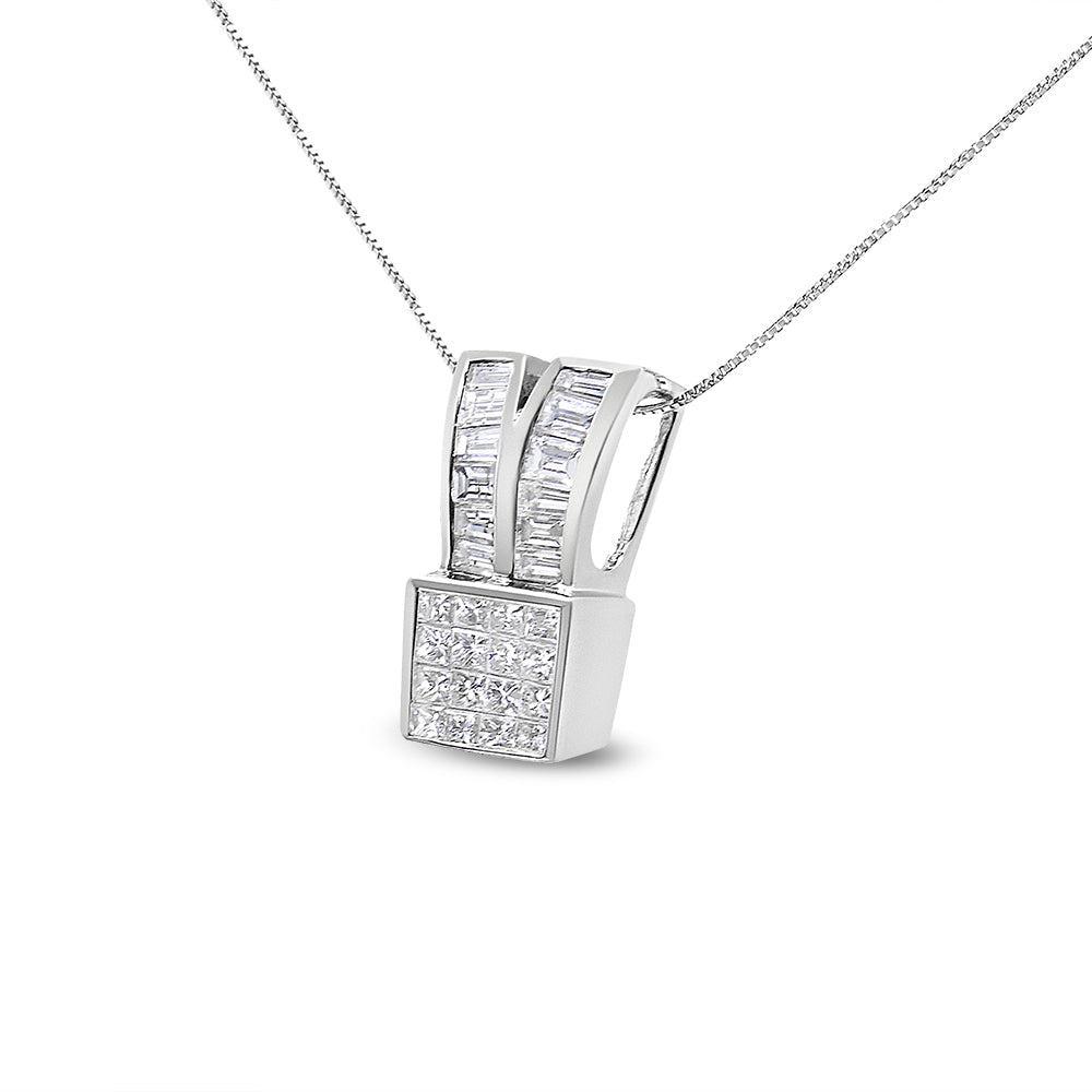 White metal necklace with a pendant featuring two rows of baguette shaped white gemstones in channel setting above a square of princess shaped white gemstones in invisible setting, shown from a front angled view.