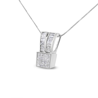 White metal necklace with a pendant featuring two rows of baguette shaped white gemstones in channel setting above a square of princess shaped white gemstones in invisible setting, shown from a front angled view.