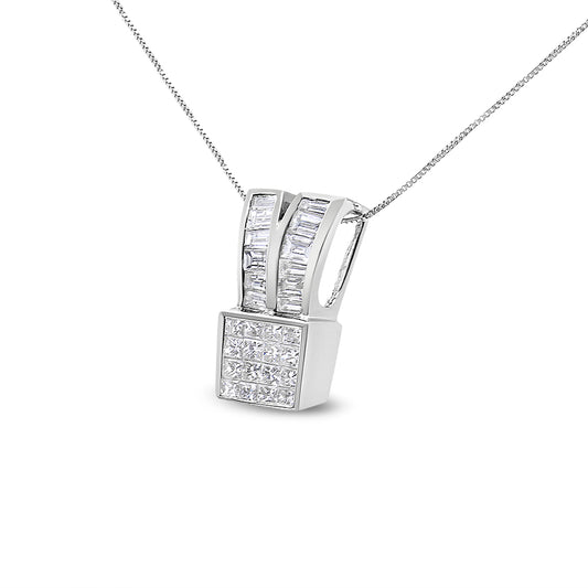 White metal necklace with a pendant featuring two rows of baguette shaped white gemstones in channel setting above a square of princess shaped white gemstones in invisible setting, shown from a front angled view.