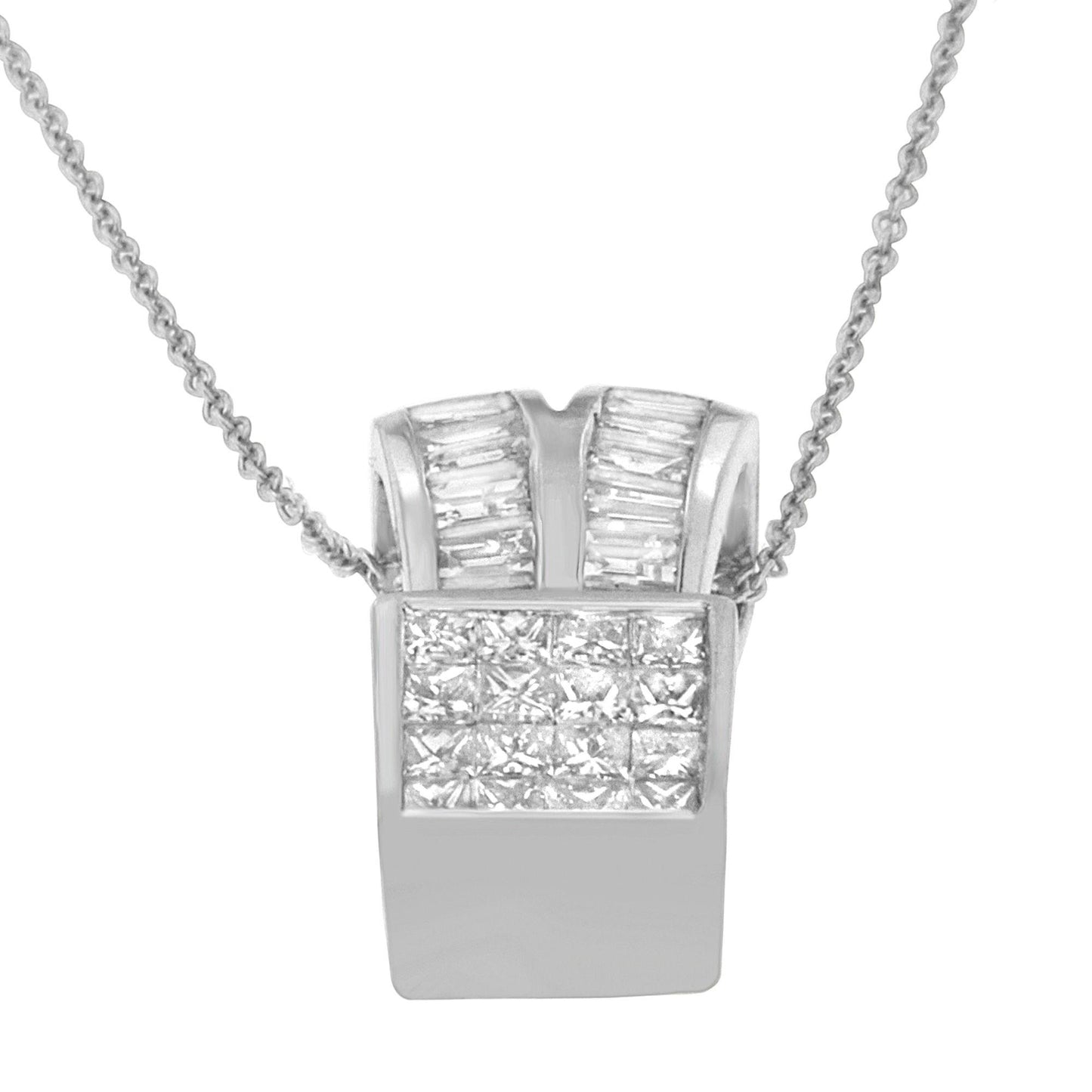Close-up front view of a white metal necklace pendant featuring rows of baguette shape white gemstones in channel setting and princess shape white gemstones in invisible setting.