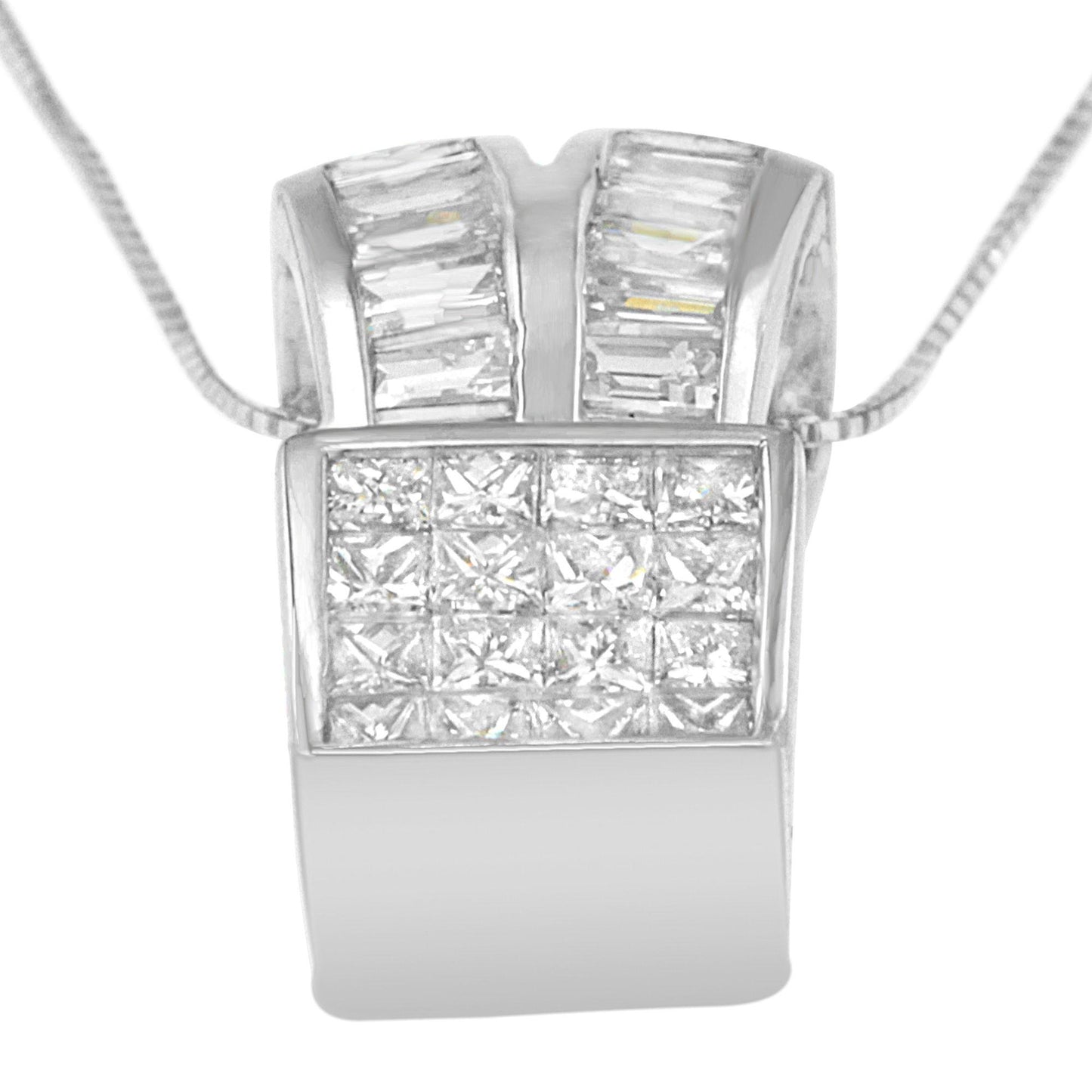 Close-up front view of a white metal necklace pendant featuring two rows of baguette-shaped white gemstones in channel settings at the top and a square section of princess-shaped white gemstones in an invisible setting below.