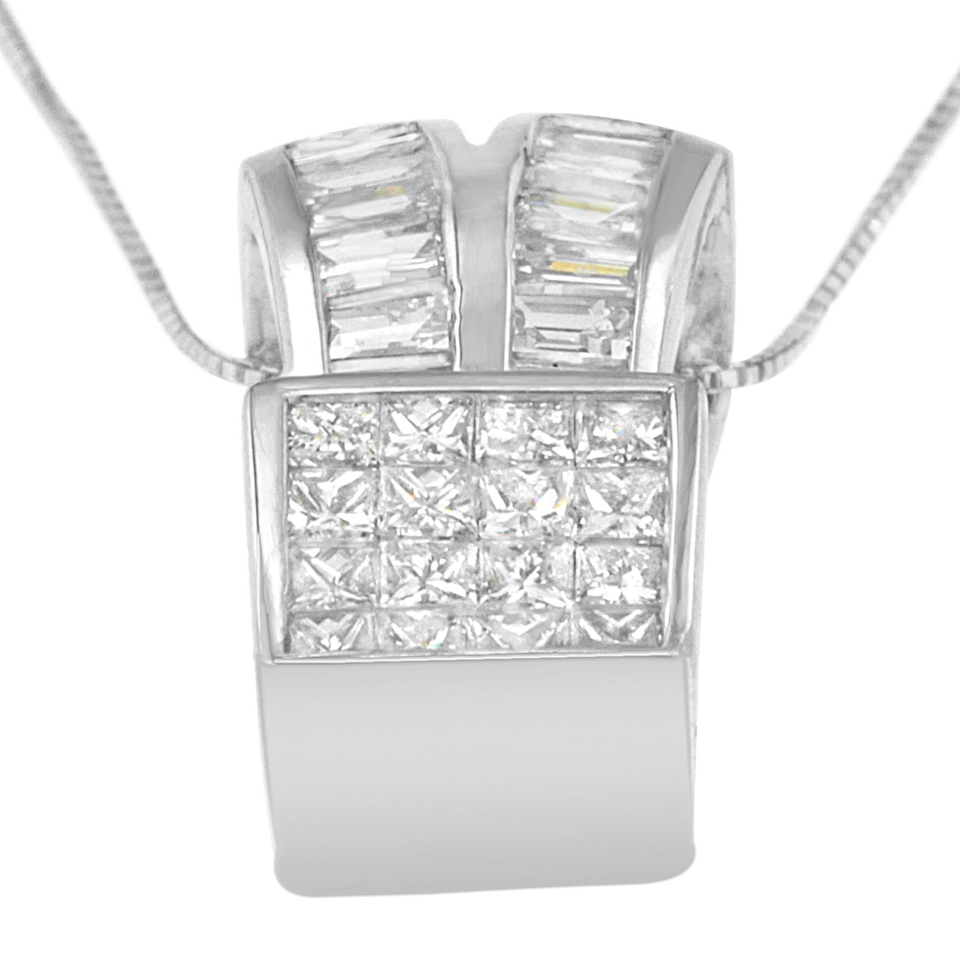 Close-up front view of a white metal necklace pendant featuring two rows of baguette-shaped white gemstones in channel settings at the top and a square section of princess-shaped white gemstones in an invisible setting below.
