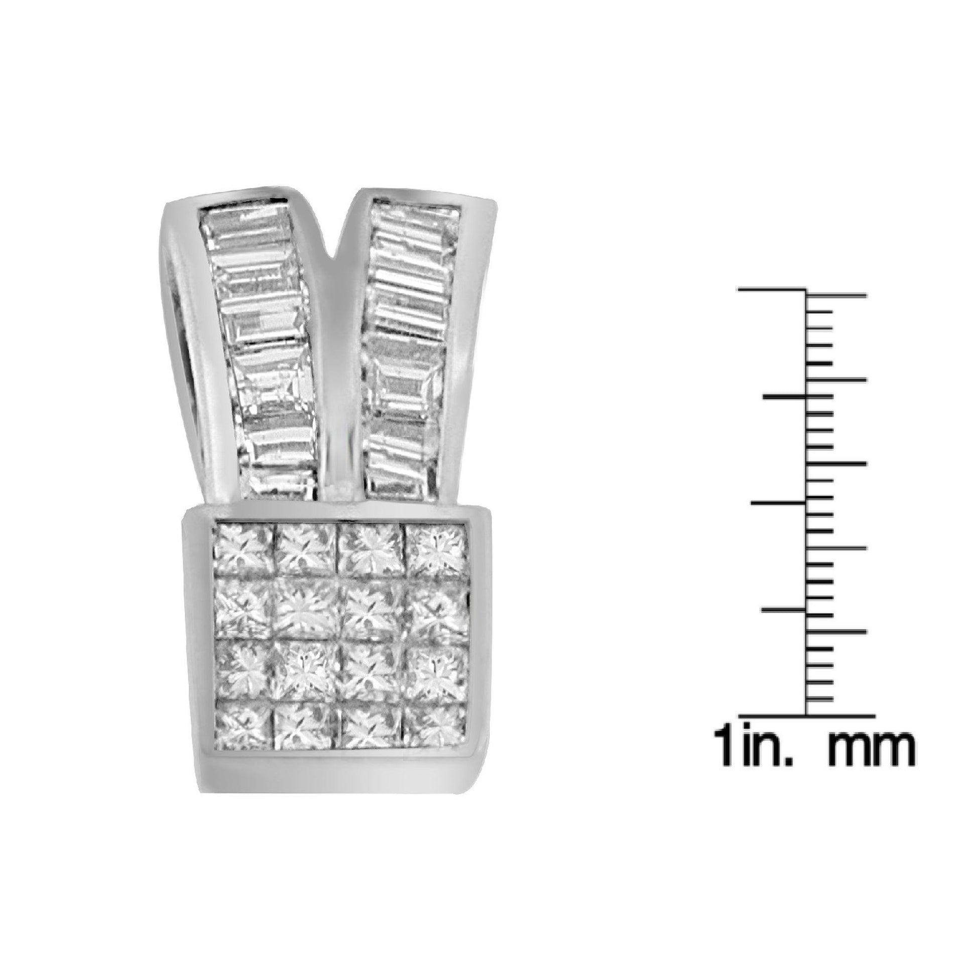 Close-up front view of a white necklace pendant featuring a square arrangement of white princess-shaped gemstones with invisible setting, topped by two bands of white baguette-shaped gemstones in a channel setting, shown next to a scale.