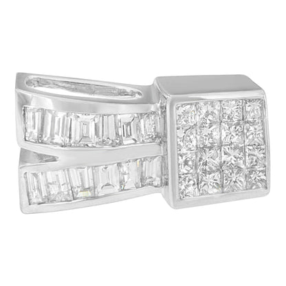 Close-up front angle of a white necklace pendant featuring two rows of baguette-shaped white gemstones in channel setting and a square cluster of princess-shaped white gemstones with invisible setting.