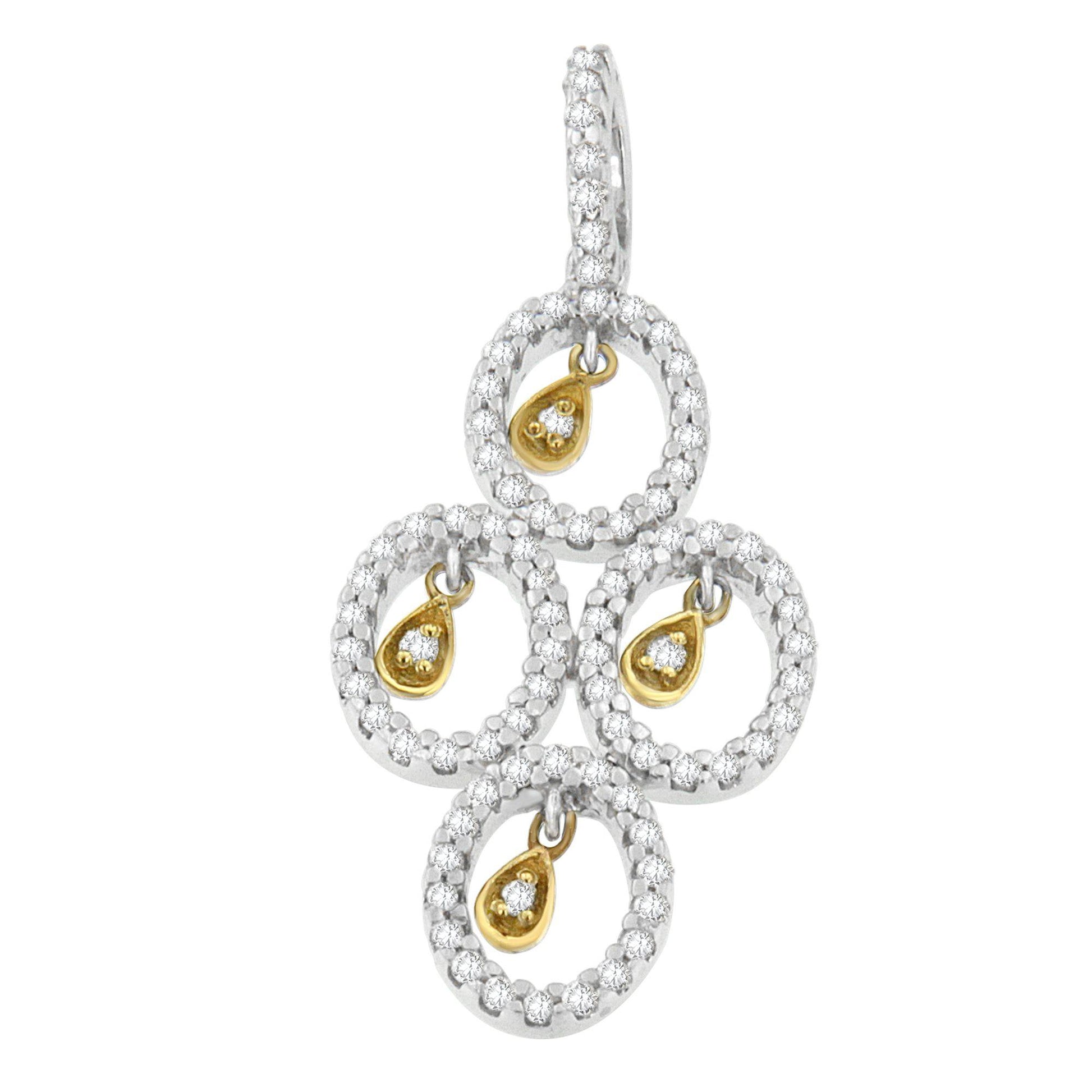 Front view of a two-toned necklace pendant with round white gemstones in a channel setting on four circular frames, each with a small teardrop-shaped gold charm featuring a white gemstone inside.