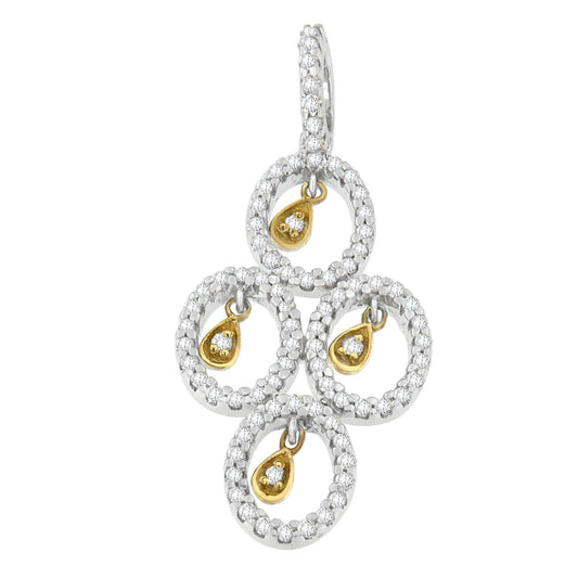 Front view of a two-toned necklace pendant with round white gemstones in a channel setting on four circular frames, each with a small teardrop-shaped gold charm featuring a white gemstone inside.