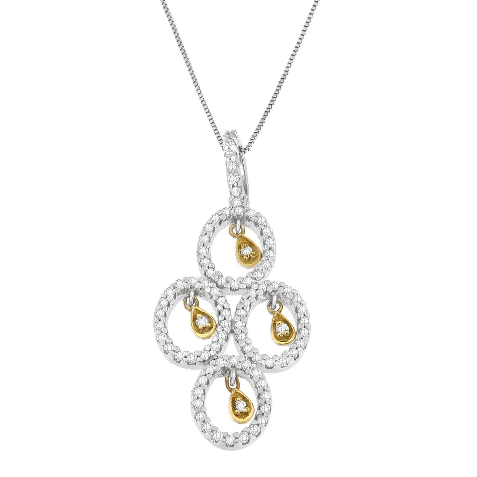 Front view of a two-toned necklace pendant featuring four circular white gemstone-set rings with small gold-toned teardrop shapes hanging inside each ring, suspended on a chain.