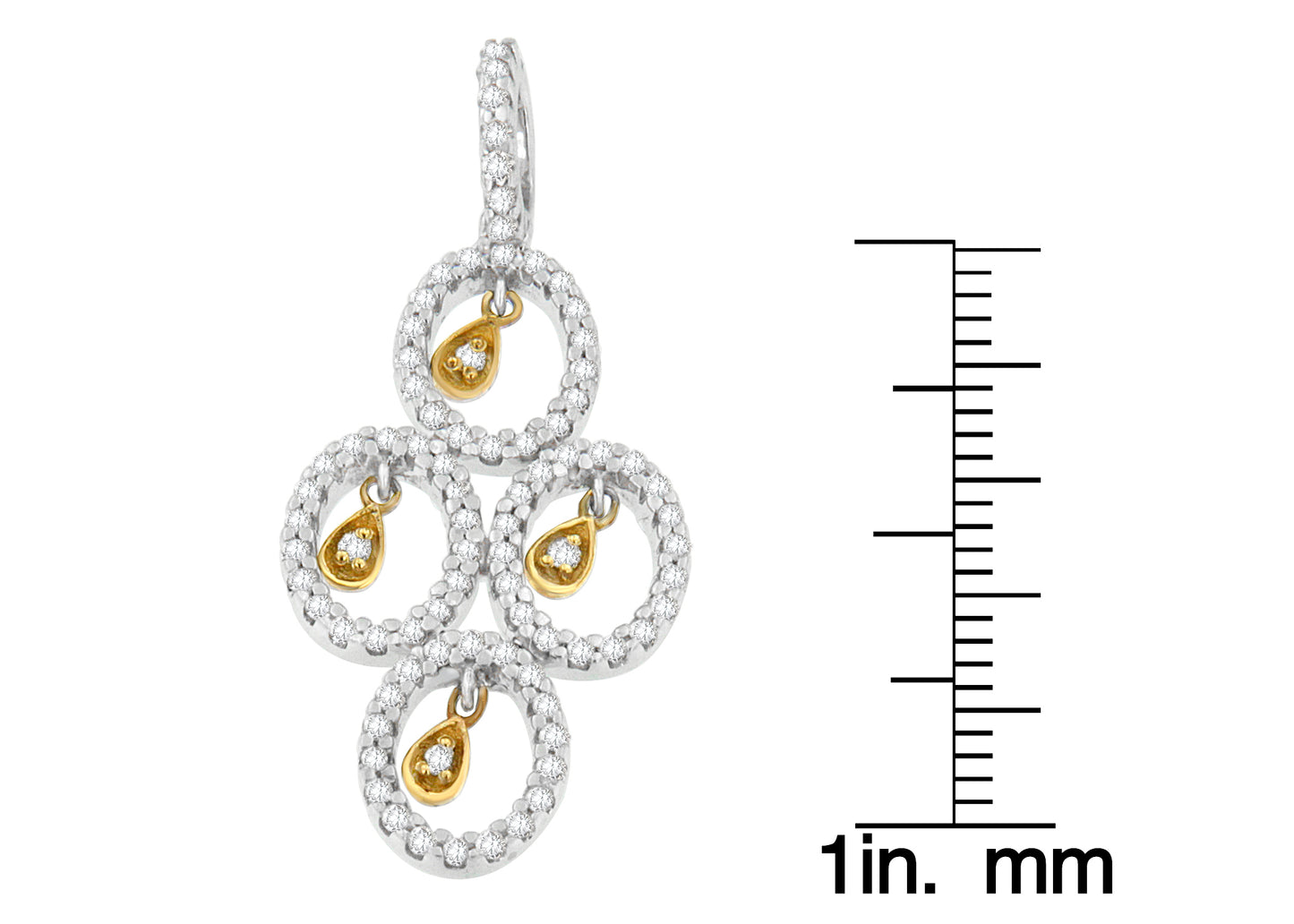 Two-toned necklace pendant with round white gemstones set in circular shapes with small gold-tone teardrop-shaped charms containing white gemstones, shown in a front view next to a ruler for size reference.