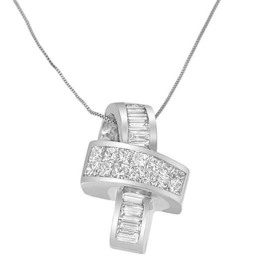 Close-up front angle of a white metal necklace pendant featuring channel-set white gemstones in princess and baguette shapes.